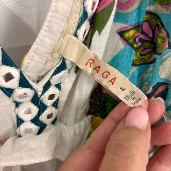 RAGA Dress Hibiscus Palms Cotton Peasant Floral Tiered V-neck Maxi Size L - Picture 7 of 8